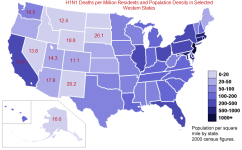 H1N1 deaths  by Population and Density 20091128.png